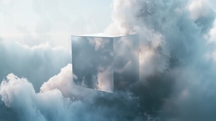 An isolated, transparent cube hovering against a backdrop of swirling mists.