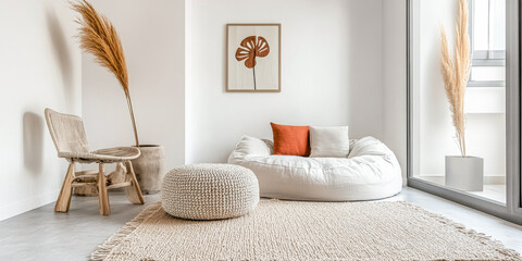 Serene minimalist living room space with cozy textures and natural elements