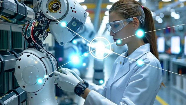 In an industrial plant, a professional engineer is holding a robot controller and inspecting and repairing an automated robotic machine.