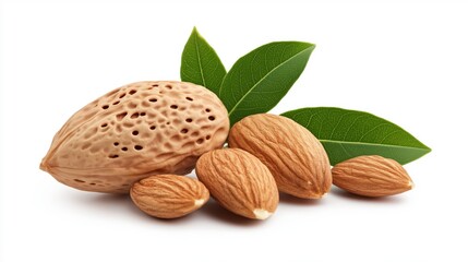 A group of four almonds with one almond in shell and green leaves on a white background.