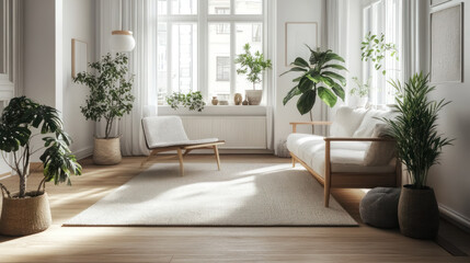 tranquil scandinavian living room with indoor plants, minimalist home decor
