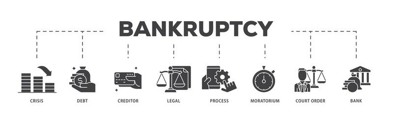 Bankruptcy icon infographic illustration concept with icon of bank ,court order, legal, moratorium, process, creditor, debt, crisis icon png and easy to edit 