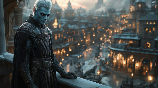 a powerful drow mage with silver hair and glowing eyes standing on a balcony overlooking a city illuminated by warm lights, dressed in intricately designed robes