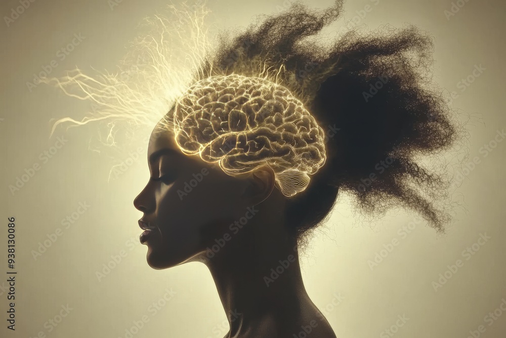 Poster profile of a woman with a glowing brain visualization representing cognitive power neural activity a