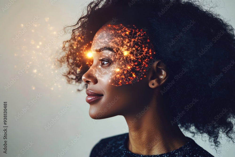 Poster smiling woman with a glowing neural network representing joy cognitive power and the positive energy