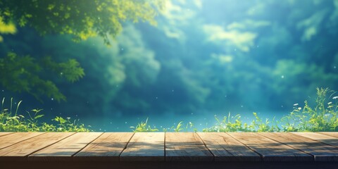 Rustic Autumn Charm: AI-Generated Anime-Style Illustration of Empty Wooden Table for Farm Product Livestream Display. Dreamy Rural Scene with Blurred Summer Lake and Forest Background. Minimalist Desi