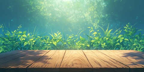 Rustic Autumn Charm: AI-Generated Anime-Style Illustration of Empty Wooden Table for Farm Product Livestream Display. Dreamy Rural Scene with Blurred Summer Lake and Forest Background. Minimalist Desi