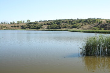 A river with a hill in the background