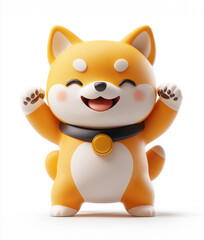 A cute little dog with a yellow collar and a gold bell around its neck is standing on a white background