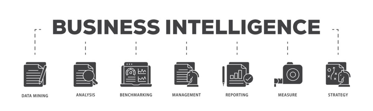 Business intelligence icon infographic illustration concept with icon of data mining, analysis, benchmarking, management, reporting, measure, and strategy icon png and easy to edit 