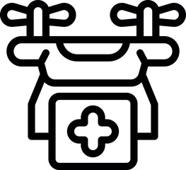 Line art vector icon of a drone delivering a first aid kit, representing the concept of medical delivery