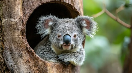 Obraz premium A cute koala bear peeks out of a tree trunk with its paws resting on the edge.