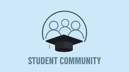 Graduation cap appearing. People icon above. „Student community“ written underneath. Student community or alumni network. College or university themed animation. Blue and green screen background.