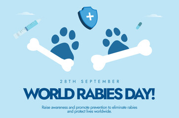World Rabies Day. 28th September Rabies awareness day banner, post with dog paws, bones. The day raise awareness about rabies and its prevention, a disease that transmitted from animals to humans.