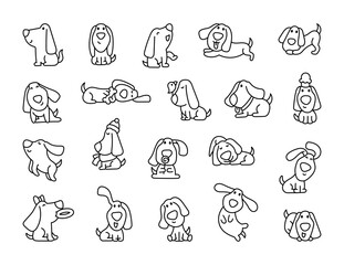 Naklejka premium Cute kawaii dog character. Coloring Page. Funny cartoon pet. Hand drawn style. Vector drawing. Collection of design elements.