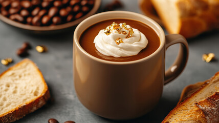 A mug of hot chocolate with whipped cream and gold flakes on top. The image has a cozy and comforting mood, as it features a warm beverage and a slice of bread