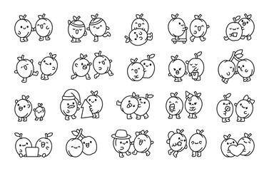 Funny couple of cartoon plums. Coloring Page. Cute fruit friends. Hand drawn style. Vector drawing. Collection of design elements.