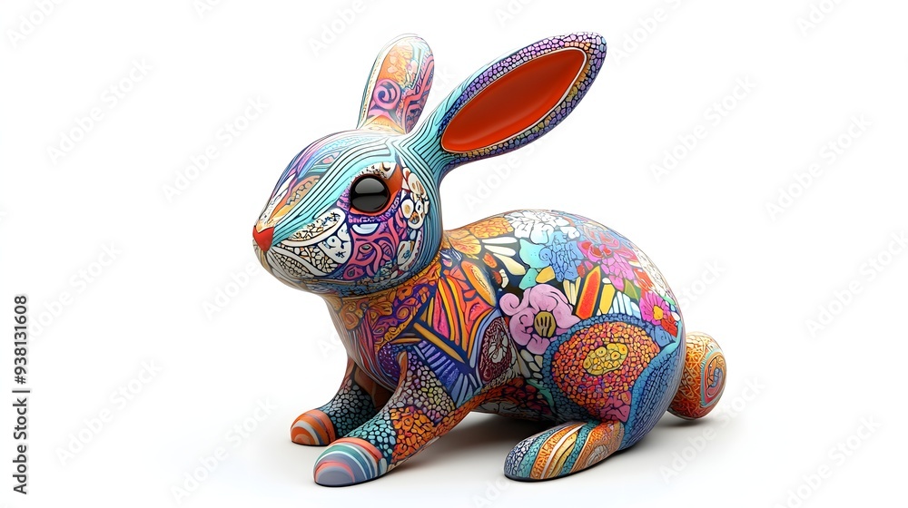 Poster 58. **a 3d render of a ceramic tile art depicting a playful rabbit with vibrant patterns and texture