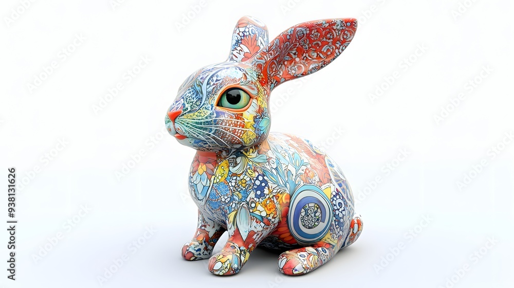 Poster 58. **a 3d render of a ceramic tile art depicting a playful rabbit with vibrant patterns and texture