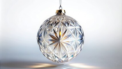 A solitary, intricately cut crystal glass ornament, with delicate facets and refracted light, sits isolated on a pristine white background, exuding luxury and sophistication.