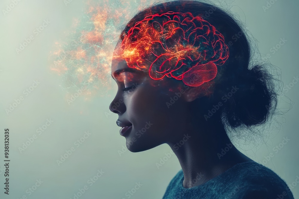 Poster profile of a woman with a glowing brain representing cognitive power neural activity and the strengt