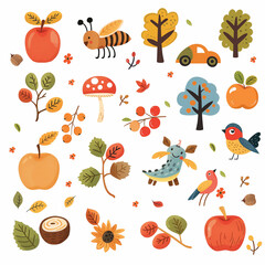 a set of children's illustrations on the theme of nature in autumn, trees, apples, mushrooms, berries, birds, leaves