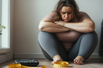 A woman sitting on the floor with her arms wrapped around her knees, appearing distressed or upset, with a scale and measuring tape placed nearby, suggesting frustration with dieting