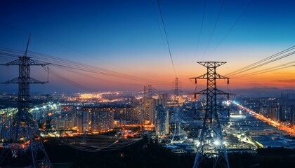 Obraz premium Aerial View of Illuminated Cityscape at Dusk with Criss Crossing Power Lines and Transmission Towers Dominating the Urban Landscape Showcasing the