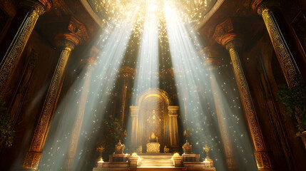 A sacred temple bathed in bright beams of divine light streaming down from the heavens