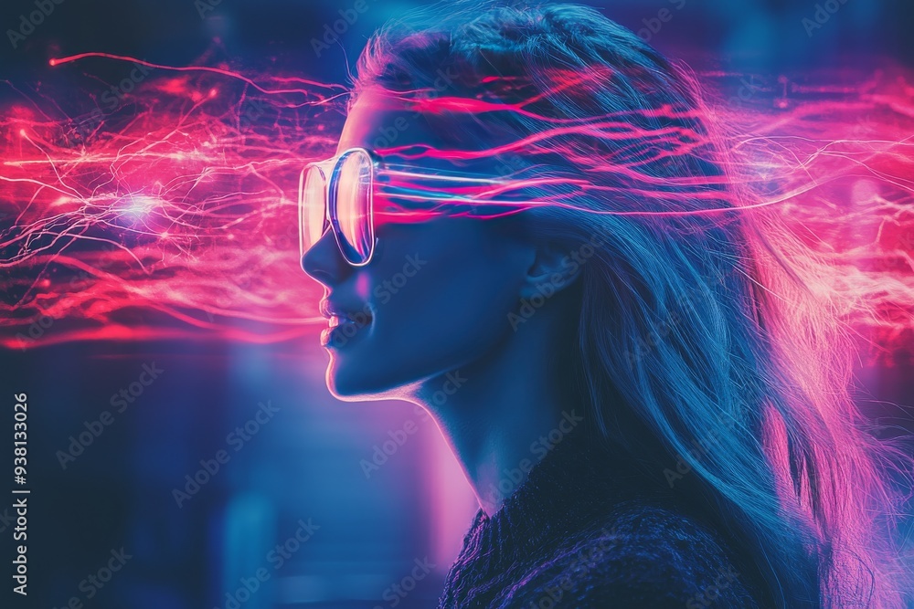 Aufkleber profile of a woman with glowing neural connections representing cognitive power neural activity and 
