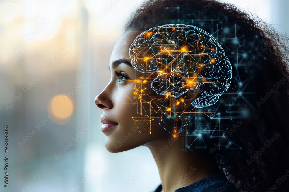 Poster side profile of a woman with glowing neural connections representing cognitive power neural activity