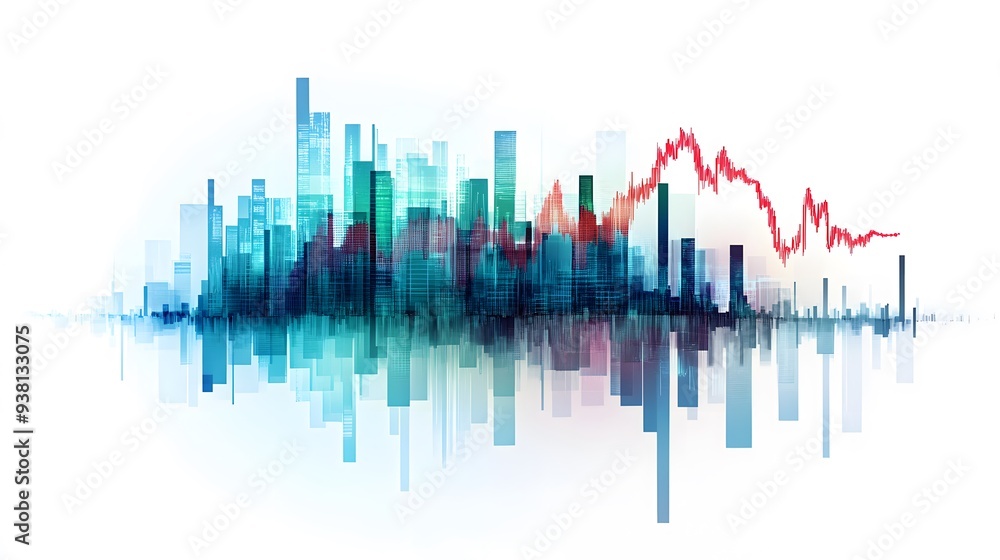 Aufkleber urban financial data integration with bar charts and a red line graph overlaying a cityscape