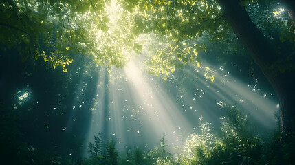 Naklejka premium Bright beams of sunlight piercing through the dense canopy of a mystical forest