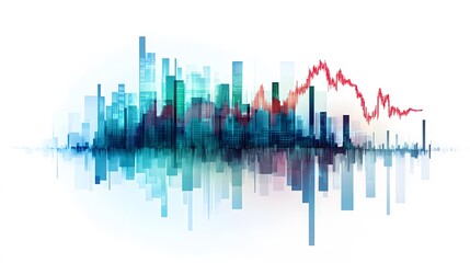 Urban financial data integration with bar charts and a red line graph overlaying a cityscape
