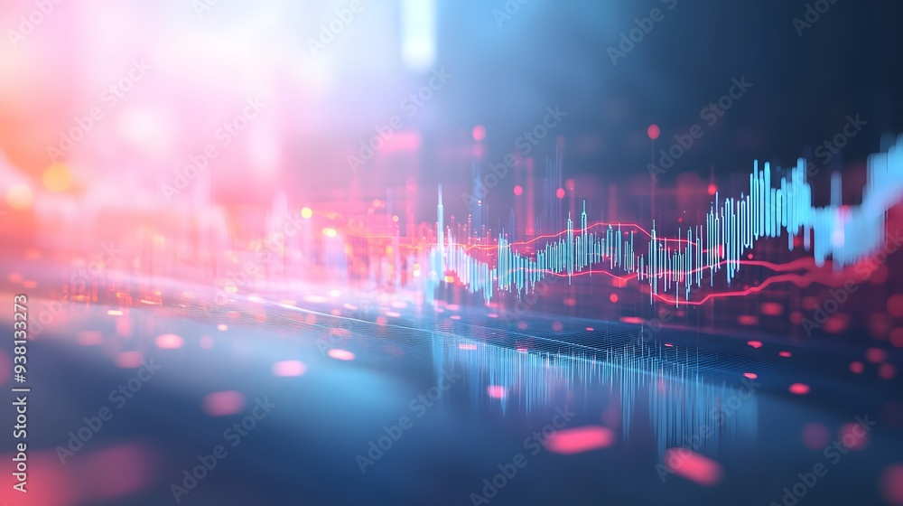 Poster blurred abstract graph with red and blue trend lines on a light background