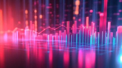 Financial data trend line with abstract digital graph overlay in blue and red