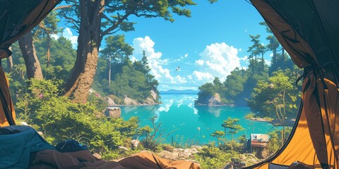 View of the serene landscape from inside a tent. Camping at campsite with sleeping bags. Stunning sunrise，AI-Generated Anime-Style Adventure Scene. Cozy Sleeping Bag in Tranquil Forest Campsite. Dream