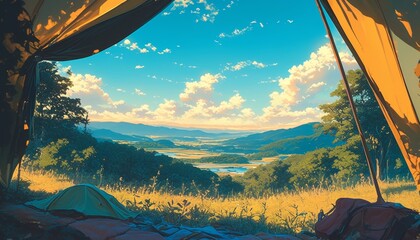 View of the serene landscape from inside a tent. Camping at campsite with sleeping bags. Stunning sunrise，AI-Generated Anime-Style Adventure Scene. Cozy Sleeping Bag in Tranquil Forest Campsite. Dream
