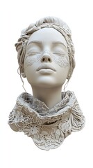 3. **A 3D render of a ceramic art portrait showcasing a serene young woman with delicate patterns and textures, isolated on a white background