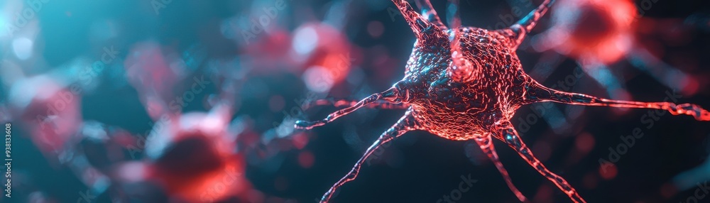 Poster a glowing neuron, showcasing intricate structures and vibrant colors, illustrating neural connection