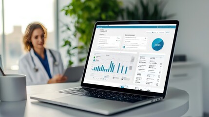 A modern telemedicine dashboard on a laptop or tablet shows a live video call with a patient and integrated data like lab results, vital signs, and medication history