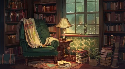Cozy Reading Nook. Antique Library with Armchair and Rain Outside Window. Perfect for book lovers, bookworms, and literature enthusiasts.
