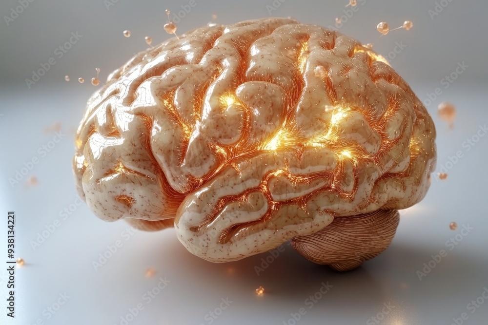 Poster close up of a glowing brain representing cognitive power neural activity and the complexity of thoug
