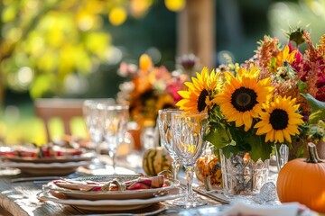 Fototapeta premium fall harvest decor, thanksgiving outdoor setting with a harvest theme, featuring a dining table decorated with squash, sunflowers and pumpkins freshly picked from the garden