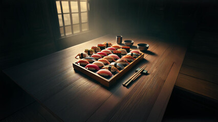 Enjoy a traditional nigiri sushi platter featuring fresh fish delicately arranged in a warm, authentic Japanese setting. Perfect for a refined and intimate dining experience 