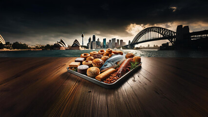 Experience authentic Australian cuisine with a gourmet spread of traditional dishes, set against the iconic Sydney skyline. A perfect blend of cultural heritage and culinary excellence 
