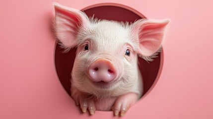 Fototapeta premium A cute piglet with pink snout peeks through a pink hole in a wall.