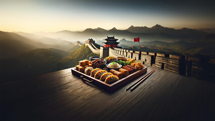 Experience authentic Chinese cuisine with a gourmet feast beautifully presented against the backdrop of the Great Wall. A perfect blend of cultural heritage and culinary delight 