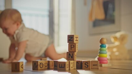 The concept of raising and developing baby is reflected in the scene where the toddler independently explores the world. The baby crawls on the kitchen floor, playing with toys, taking his first steps