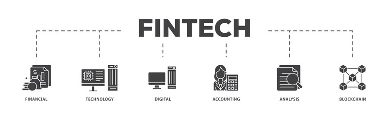 Fintech icon infographic illustration concept with icon of financial, technology, digital, accounting, analysis and blockchain icon png and easy to edit 